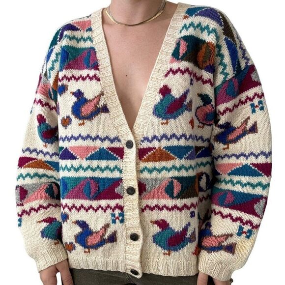 Vintage Robert Scott Hand Knit 100% Wool Duck Rainbow Retro Chunky Cardigan 38 - Picture 1 of 11